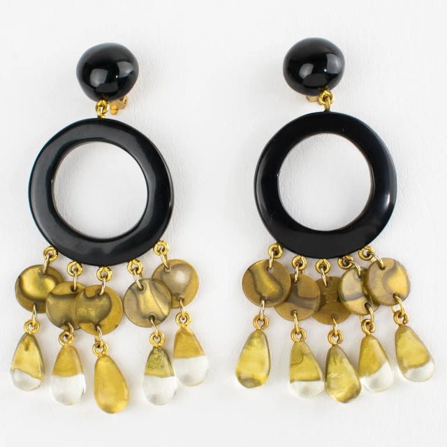 Contemporary Dominique Denaive Black and Pearlized Gold Acrylic Clip Earrings For Sale - Image 3 of 8