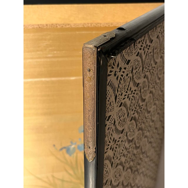 Gold Vintage Japanese Four-Panel Byōbu Hand-Painted Folding Silk Screen Irises Motif 66" X 36" For Sale - Image 8 of 11