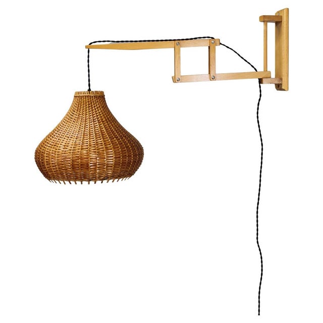 Mid-Century Adjustable Wooden Wall Lamp with Rattan Shade from Lipta, 1970s For Sale - Image 15 of 15