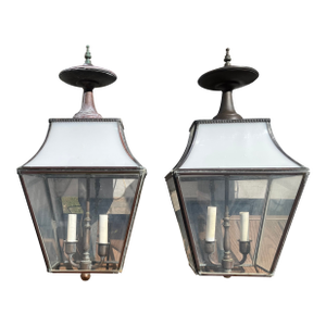 Large Vintage Copper Outdoor Wall Mounted Lanterns - a Pair