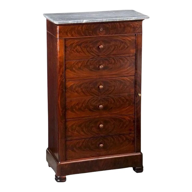 French Semainier or Tall Chest of Mahogany With Marble Top For Sale