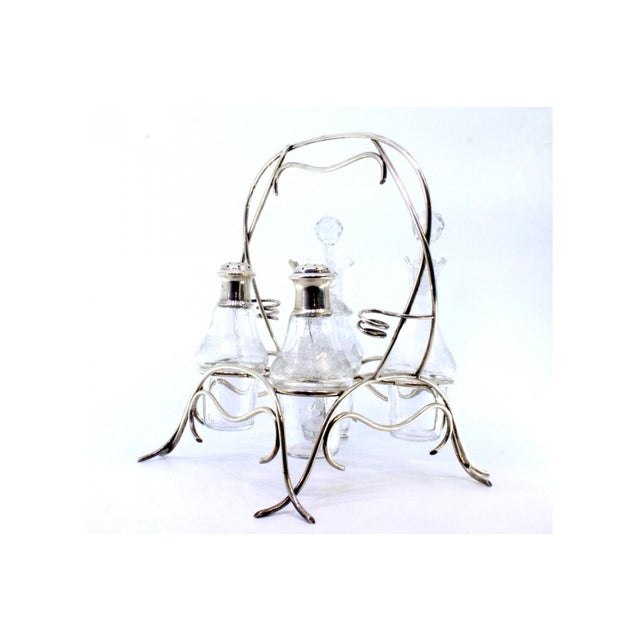Cruet Set with Silver Structure and Cruets and Salt and Pepper Shaker and Mustard Jar in Acid-Etched Glass, Set of 6 For Sale - Image 5 of 6