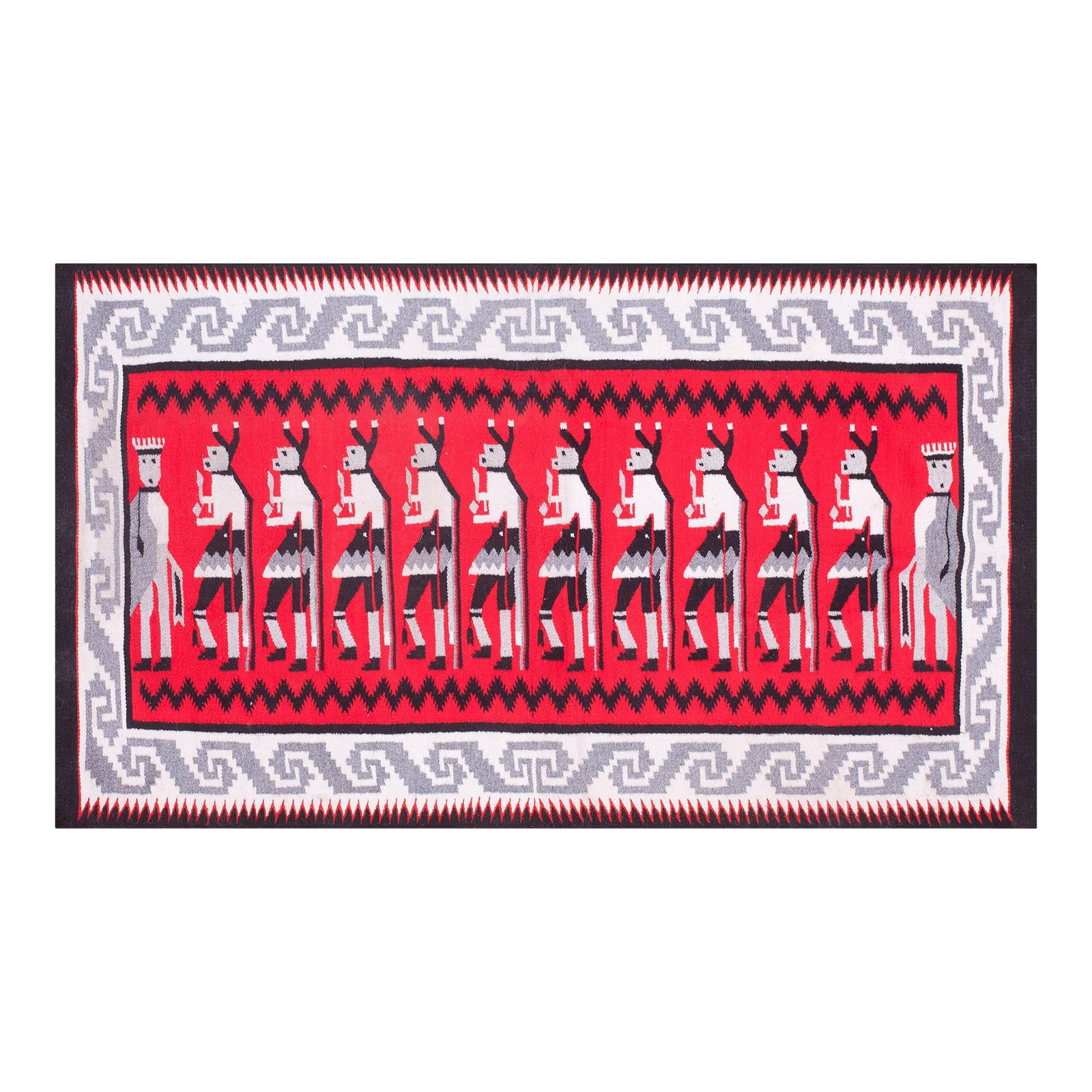 1940s Red Gray Figural Vintage Zapotec Mexico Yei Rug 4' 7