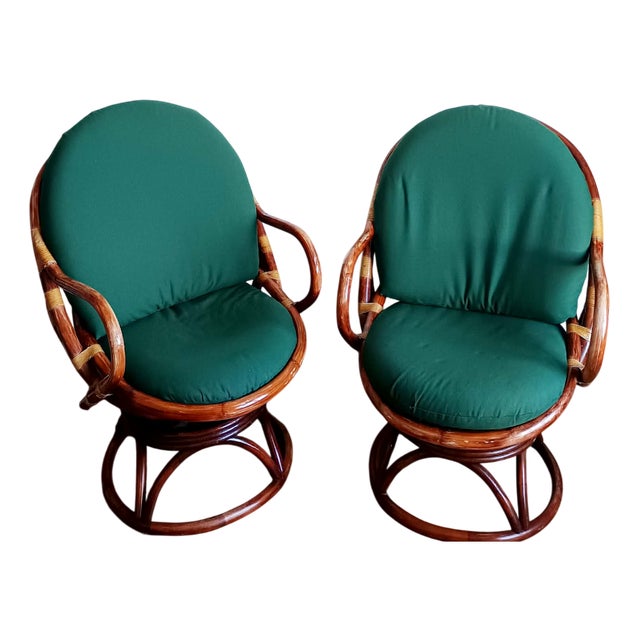 Swivel Rattan Lounge Chairs, 1970s, Set of 2 For Sale