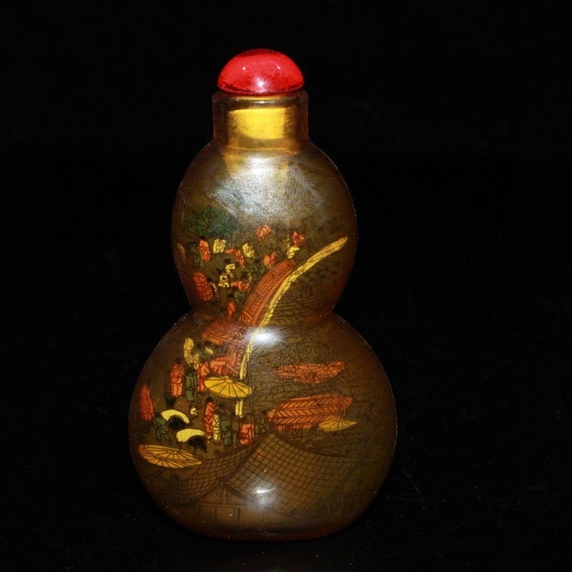Mid 20th Century Mid 20th Century Hand-Painted Interior Glass Snuff Bottle, Gourd Shape, Qingming Riverside Scene, Asian Decor Accent For Sale - Image 5 of 9