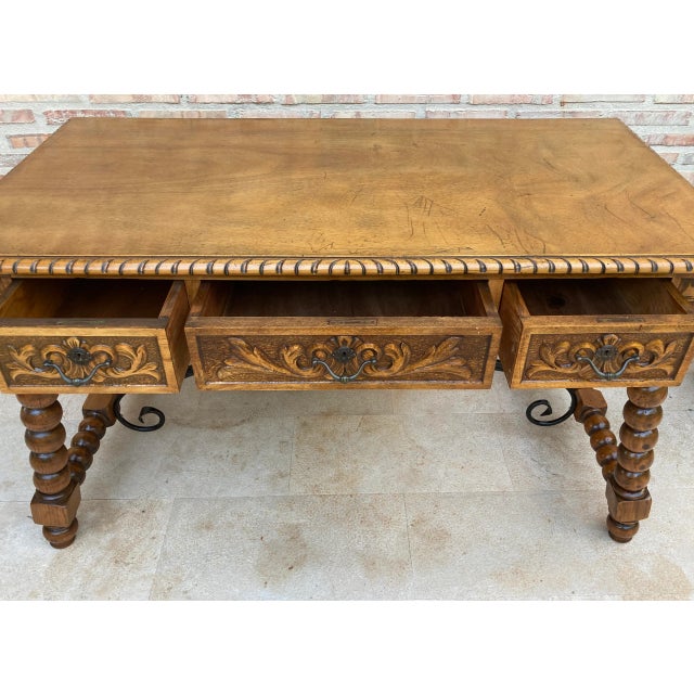 19th-Century French Hand Carved Oak Desk with Iron Stretcher & Solomonic Legs For Sale - Image 14 of 18