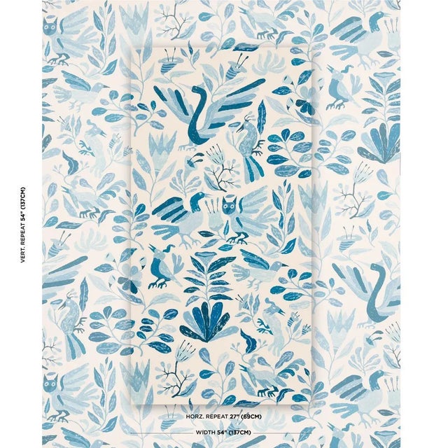 Based on art by Abel Macias, Canopy in blue-birds is a playful mid-scale design that derives its fanciful floral and fauna...