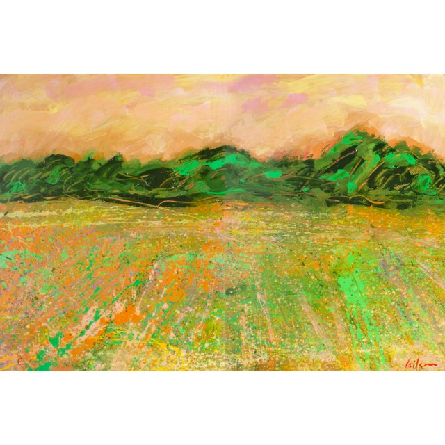 A 1980s abstract acrylic landscape painting, titled "E," by the American artist Harry Hilson (1935-2004). Each panel...