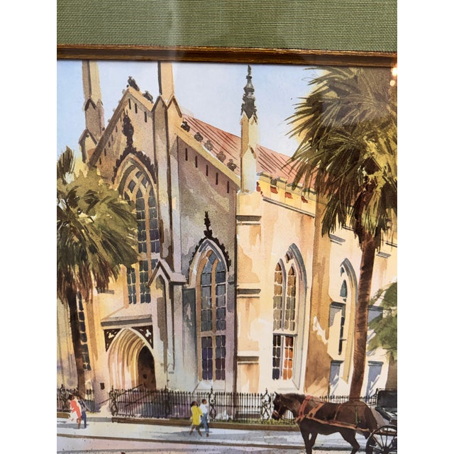 Olive Late 20th Century Al Stine French Huguenot Church Watercolor, Framed For Sale - Image 8 of 12