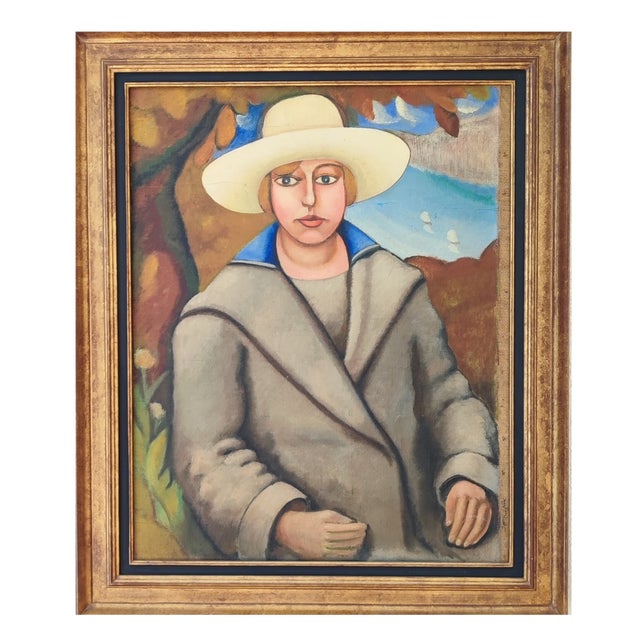 André Julien Prina, Portrait de Femme Devant un Paysage Marin, Oil on Canvas, Framed For Sale