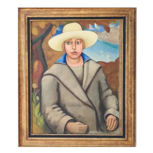 André Julien Prina, Portrait de Femme Devant un Paysage Marin, Oil on Canvas, Framed