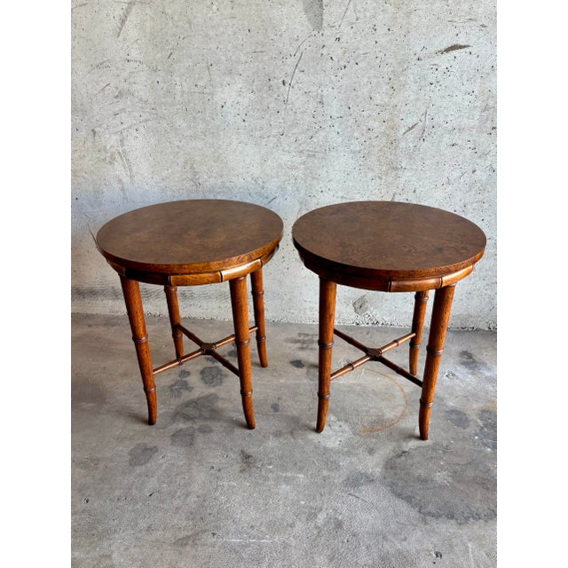 Brown Vintage Hollywood Regency Side Tables by Henredon Burl & Faux Bamboo, a Pair For Sale - Image 8 of 9