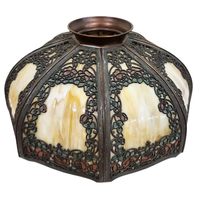 Antique Bronze Rose Overlay & Stained Slag Glass Table Lamp #559 by Handel For Sale - Image 13 of 18