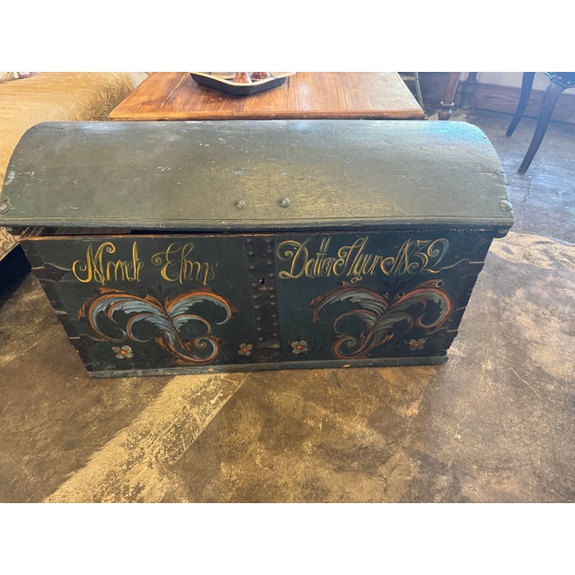 Swedish marriage trunk from 1832. Trunk is beautiful as he iron hardware. No key and lock has old masking tape on the...