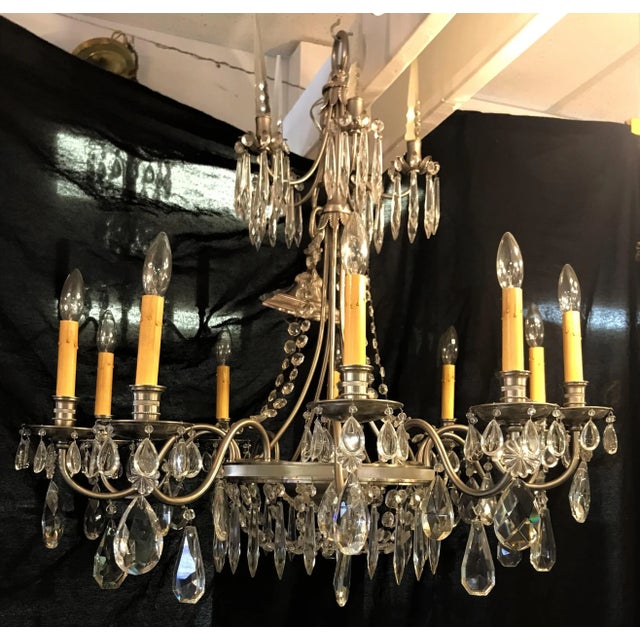 Vintage Ten Arm Nickel and Crystal Chandelier For Sale - Image 12 of 13