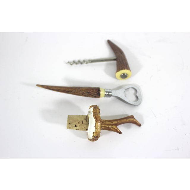 Wood Vintage Faux Antler Bar Tool Set Bar Cart Styling 3 Piece Opener Cork Screw Stopper For Sale - Image 7 of 7
