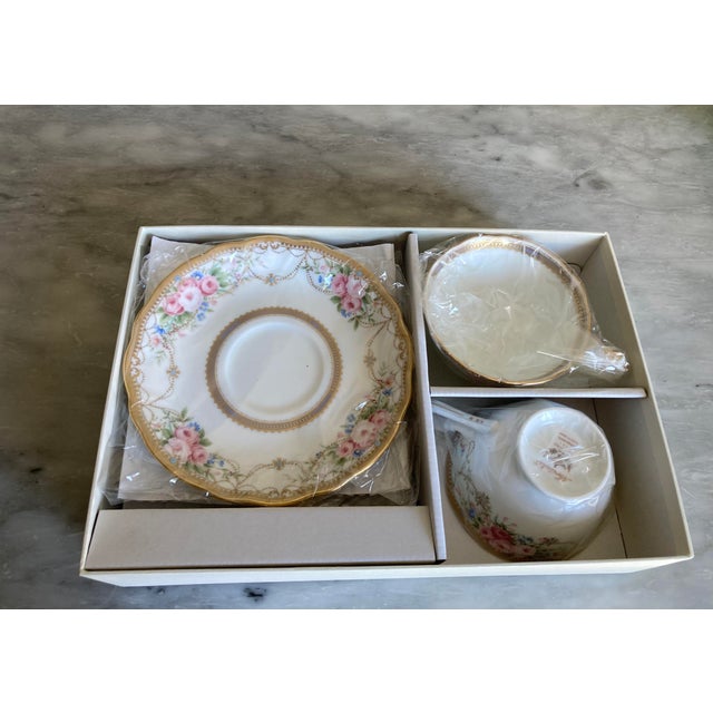 New in Box Noritake Fine China Tea Cups & Saucers, Set of 2 – Floral Gold Rim For Sale - Image 9 of 10