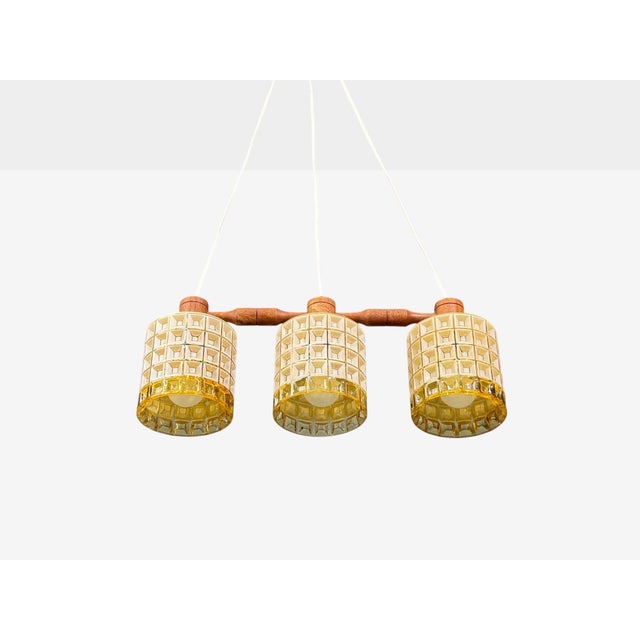 Wood 1950s Swedish Modern, Three Light Pendant Light, Teak, Glass, Sweden For Sale - Image 7 of 11