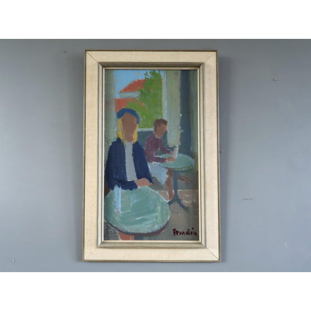 CAFE CORNER Size: 23.8 x 15.4 inches (including frame) Oil on board A charming mid-century figurative scene capturing two...