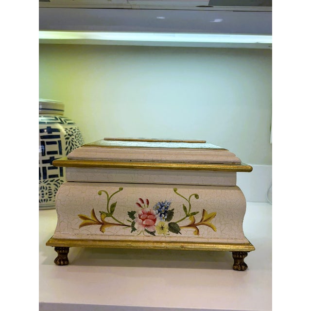 Wood Vintage Crackle Hand Painted Floral Keepsake Box With Velvet Lining For Sale - Image 7 of 10