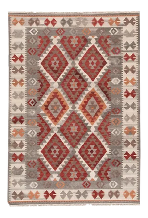 Red Modern Kilim Flatweave Allover Geometric Wool Rug