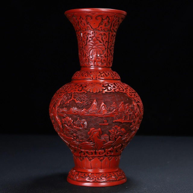 Cinnabar Lacquer Vase Pair / Carved Red Lacquer Landscape Vases For Sale - Image 11 of 12