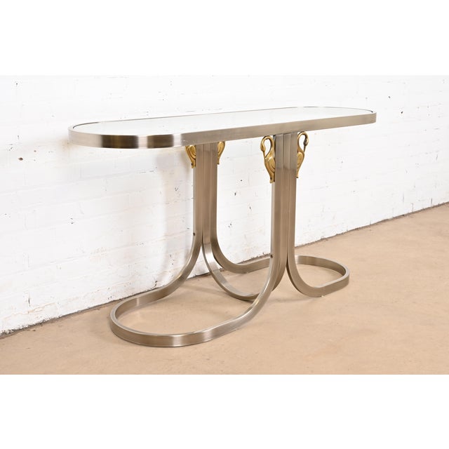 DIA - Design Institute America Design Institute America Modern Brushed Steel and Brass Glass Top Swan Console Table For Sale - Image 4 of 12