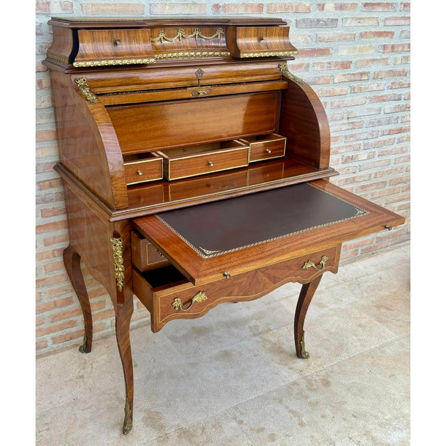 1930s 1930s French Louis XV Style Marquetry Bureau With Brass Mounts For Sale - Image 5 of 11
