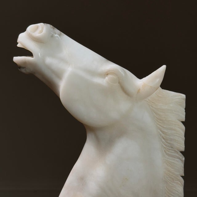 Antique Large Italian Art Deco Hand Carved Alabaster Horse Head Bookends For Sale - Image 11 of 12