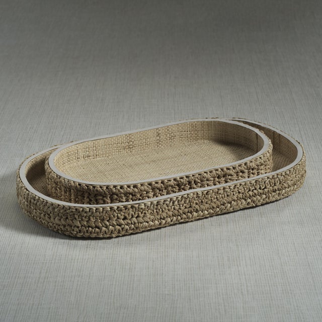 Reggio Loom Oval Raffia Tray with Leather Trim, Large For Sale - Image 4 of 6