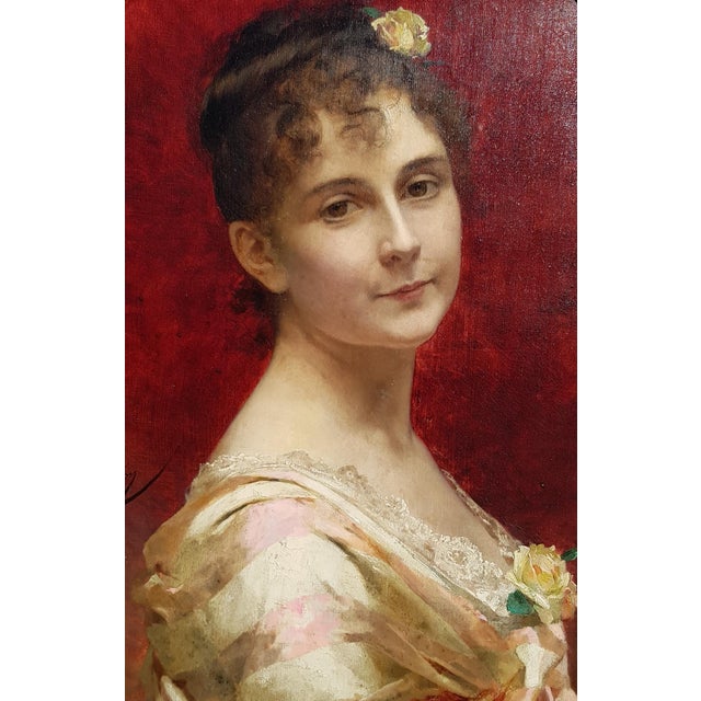 Gorgeous museum woman portrait painted in 1884 by Alexandre-Jacques CHANTRON, of very high quality and remarkably framed,...