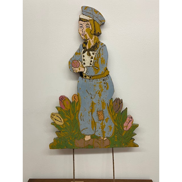 Vintage Folk Art Painted Wood Garden Figure Sculpture on Stand, Hand Carved Decorative Cutout For Sale - Image 4 of 12