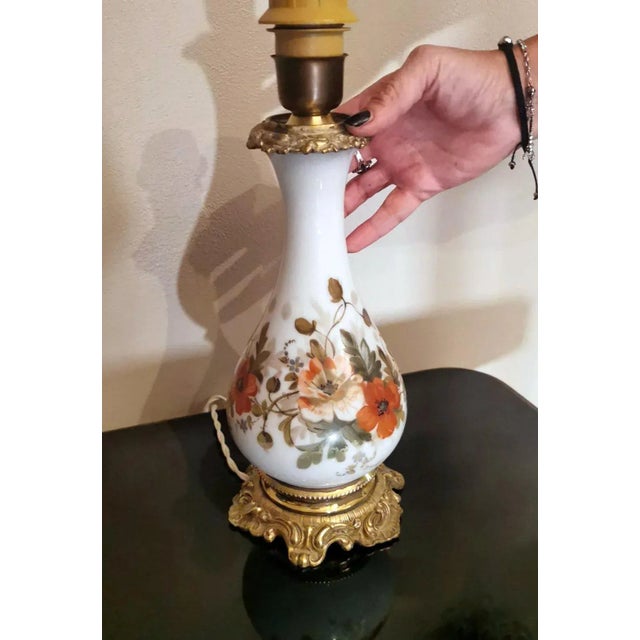 Napoleon III Style French Hand Painted Opaline Glass Oil Lamps - a Pair For Sale - Image 12 of 13