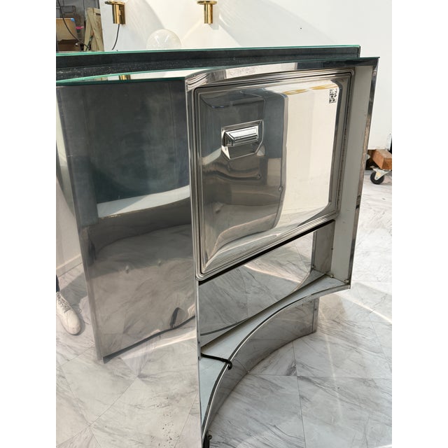 Paolo Buffa 1970s Mid-Century Modern Attributed to Willy Rizzo Bar Cabinet in Blue Suede, Brass & Chrome For Sale - Image 4 of 13