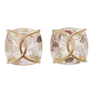 Christina Addison Large Rock Crystal Cushion Stud Earring With Yellow Gold Wire Wrap - a Pair