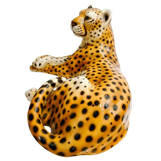 Mid-Century Modern Vintage Large Scale Italian Glazed Porcelain Reclining Leopard Statue For Sale - Image 3 of 7