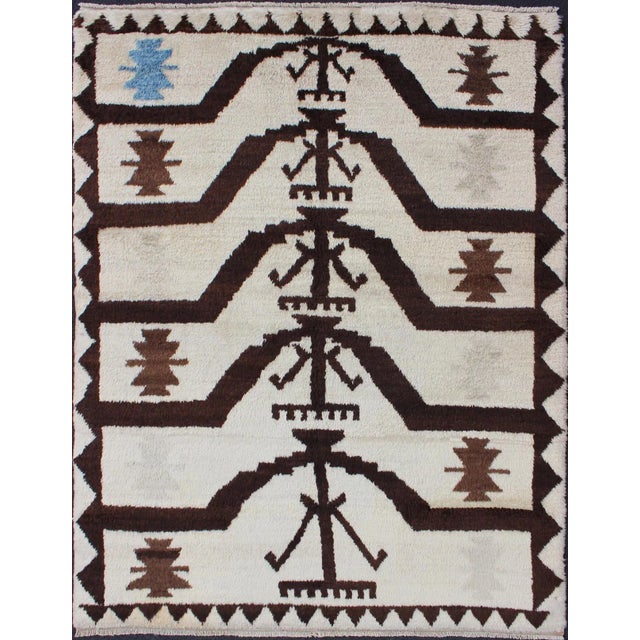 Mid 20th Century Turkish Tulu Rug With Mid-Century Modern Design in Brown, Off-White and Blue For Sale - Image 13 of 13