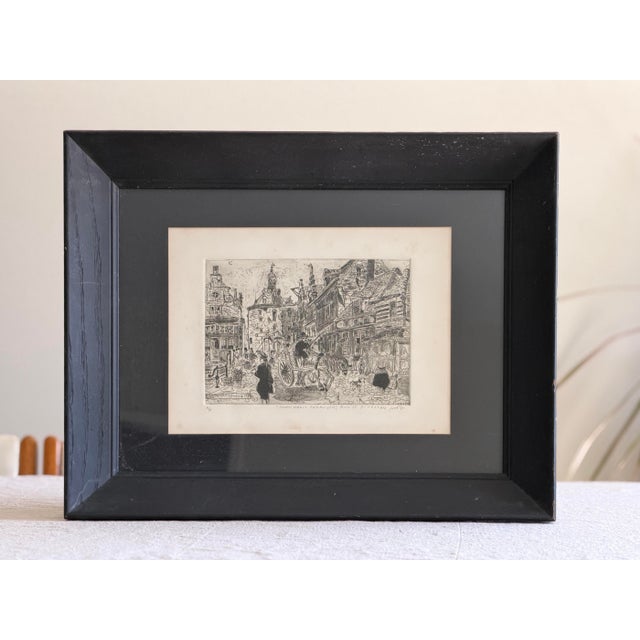 Illustration Original Signed Etching Art by Rouse Pinkston, 1975 European Street Scene, Custom Black Wood Framed For Sale - Image 3 of 11