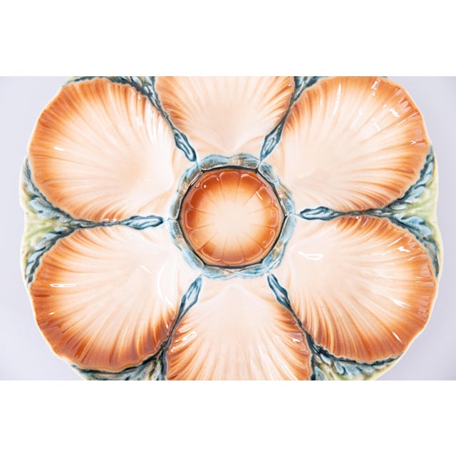 A gorgeous antique French Sarreguemines majolica oyster plate, circa 1870. Maker's mark and model number on reverse (this...