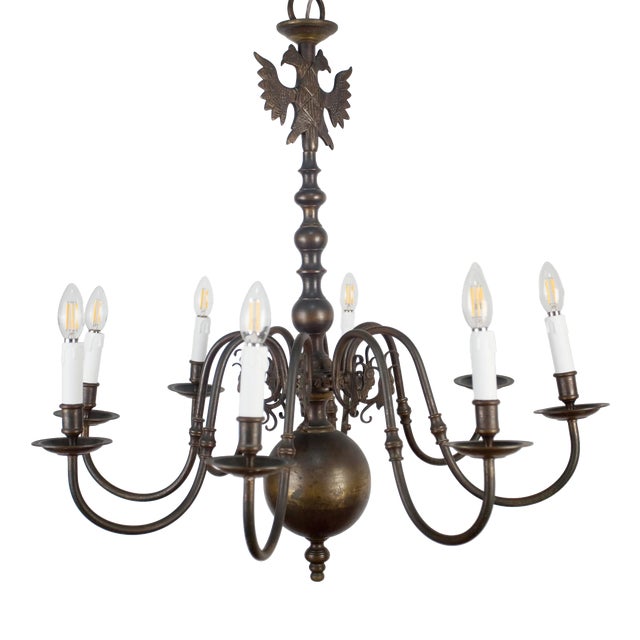 Dutch Bronze 8-Arm Chandelier with Eagle and Mascarons For Sale