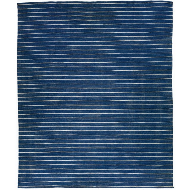 Modern Kilim Flat-Weave Navy Blue Oversize Wool Rug With Stripe Pattern For Sale - Image 10 of 10