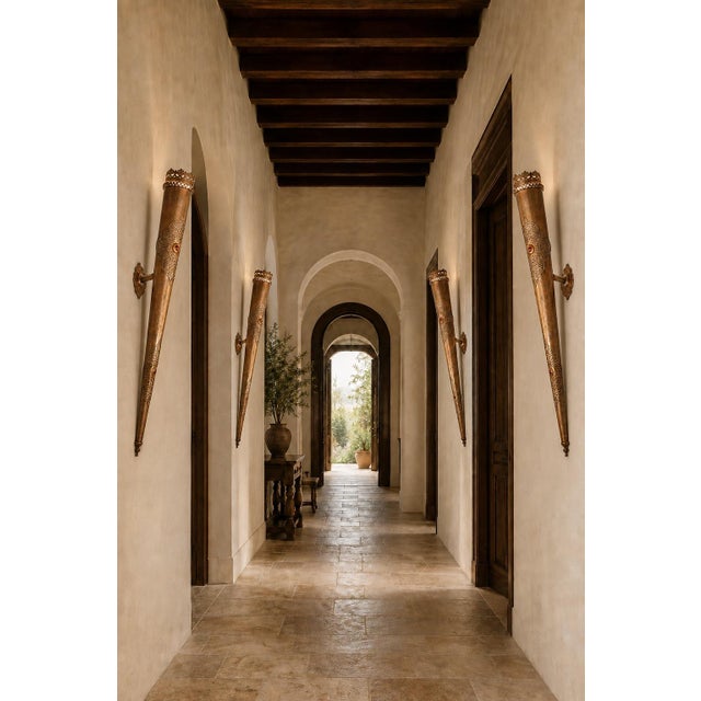 Moroccan Moroccan Moorish Wall Brass Torchiere Sconces Oversized 6 Ft Tall For Sale - Image 3 of 13