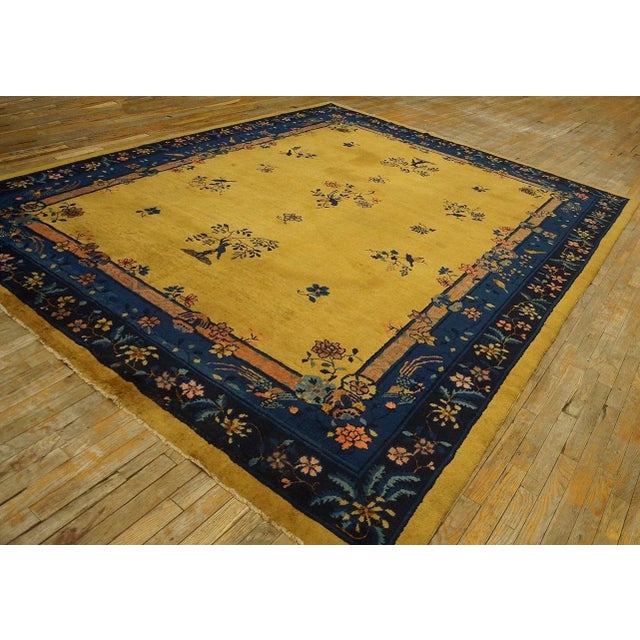 Art Deco Dynamic Yellow-Saffron Background Color With Nice Floral Design Antique Chinese Art Deco Rug For Sale - Image 3 of 9