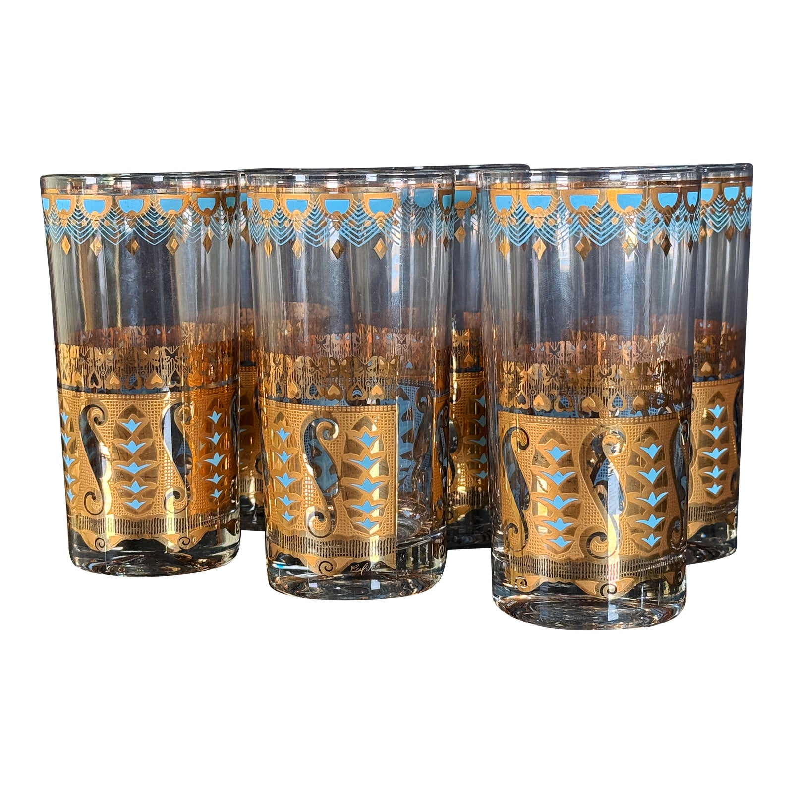Culver Saratoga Highball Glasses in Turquoise and 22k Gold - Set of 6