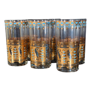 Culver Saratoga Highball Glasses in Turquoise and 22k Gold - Set of 6