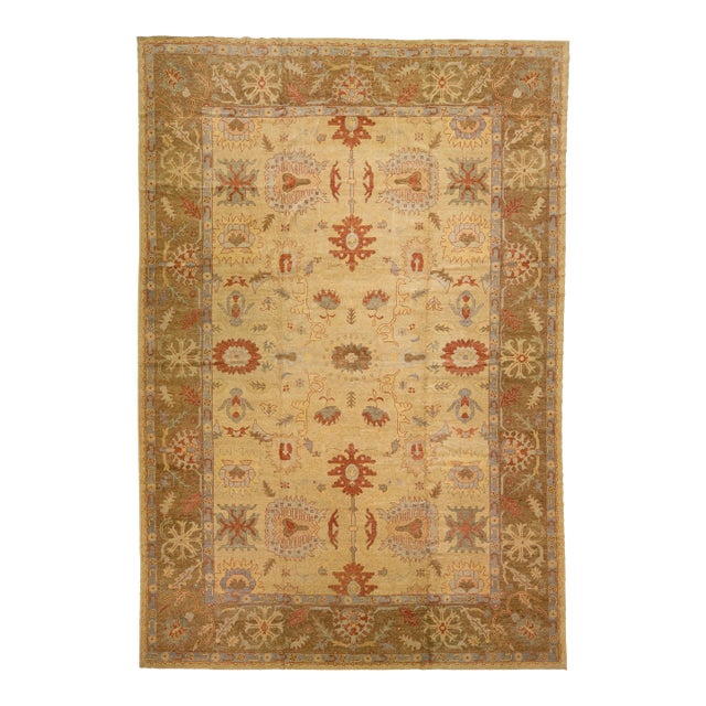 Oversize Modern Turkish Oushak Rug in Warm Beige With Vintage-Inspired Design For Sale
