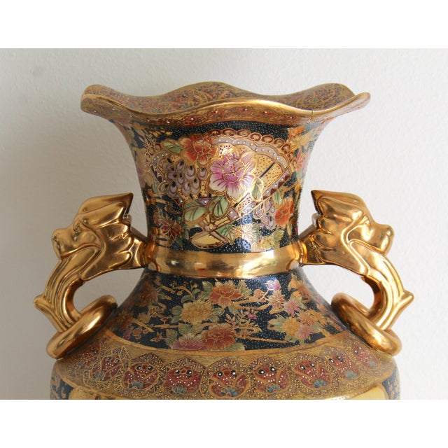 Vintage Royal Satsuma-Style 24" Porcelain Floor Vase – Gold Gilt & Dragon Handles For Sale - Image 10 of 18