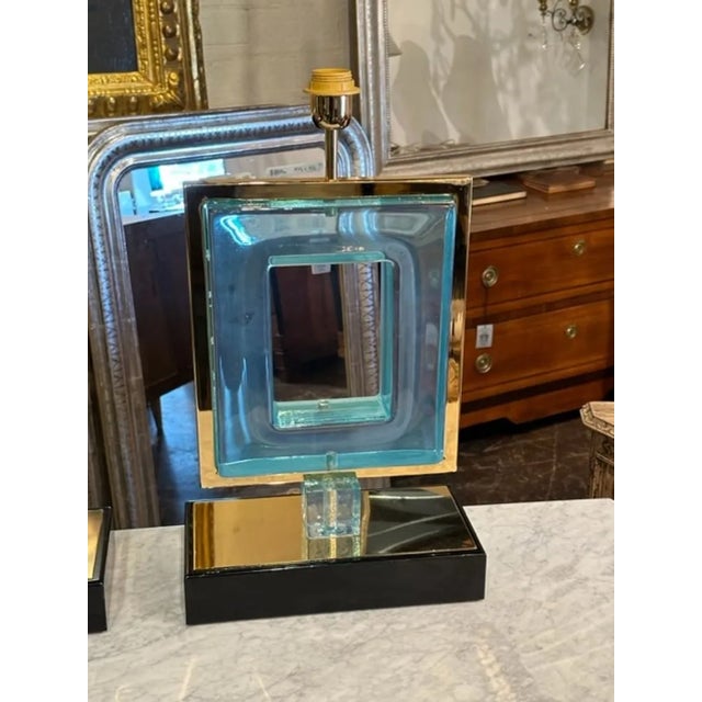 Stylish pair of square shaped blue Murano glass lamps on brass bases. Creates an upscale designer look! Outstanding!