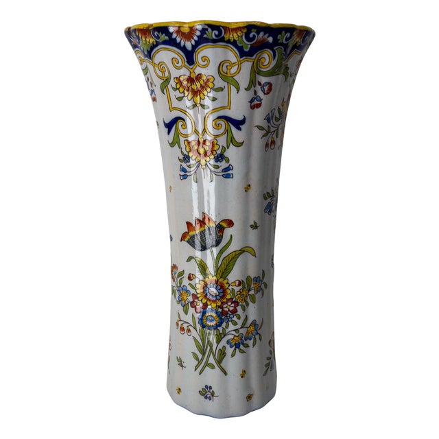 French Art Nouveau Faience Vase with Vegetal Patterns from Vieux Rouen, 1900 For Sale