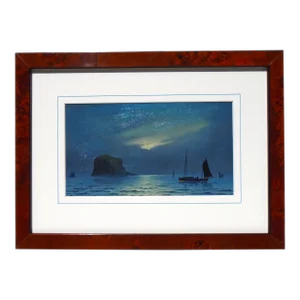 Late 18th Century "Moonlight Fishing Off the English Coast", Original Oil on Panel Painting, Framed